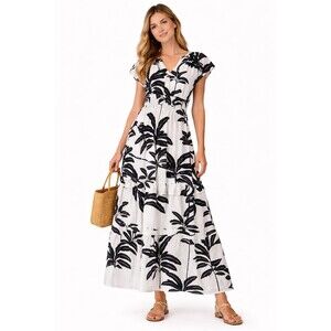 Tahari Women's XS Black White Linen Blend Maxi Dress Tropical Print Summer